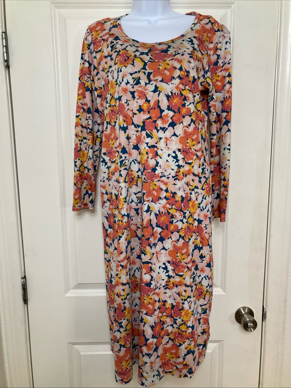 Lands End Womens Orange Navy Yellow Floral Shift Midi Dress Size S